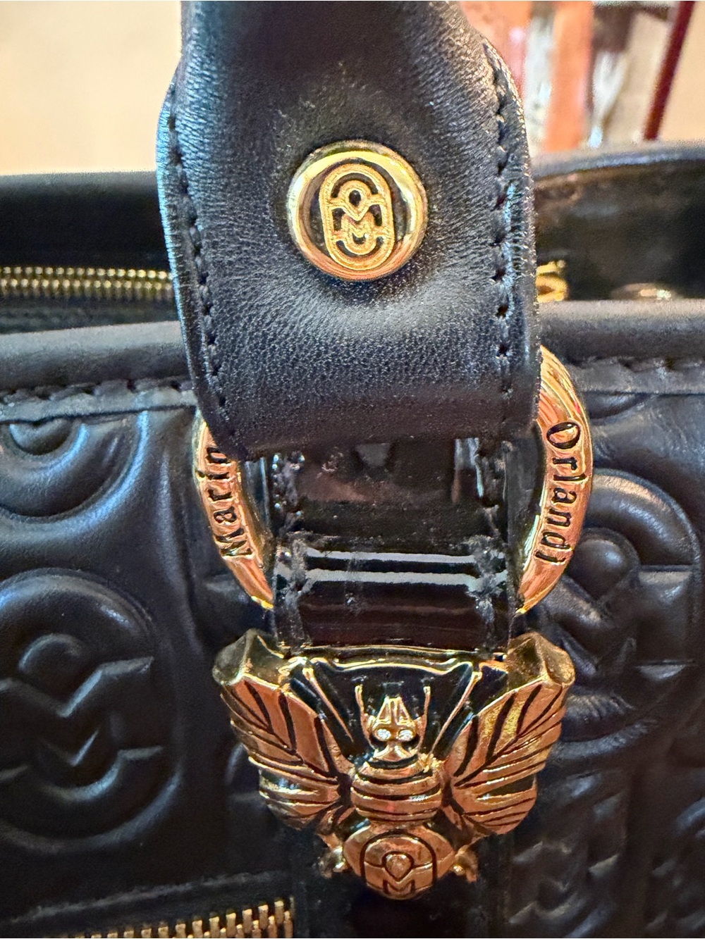 Marino Orlandi Black Quilted Patent Satchel with Gold Charm - Picture 7 of 12